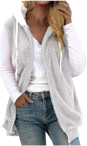 Womens Fall Winter Sleeveless Coat Zip Up Hoodie Jacket Warm Sherpa Jackets Vest Coats with Pockets