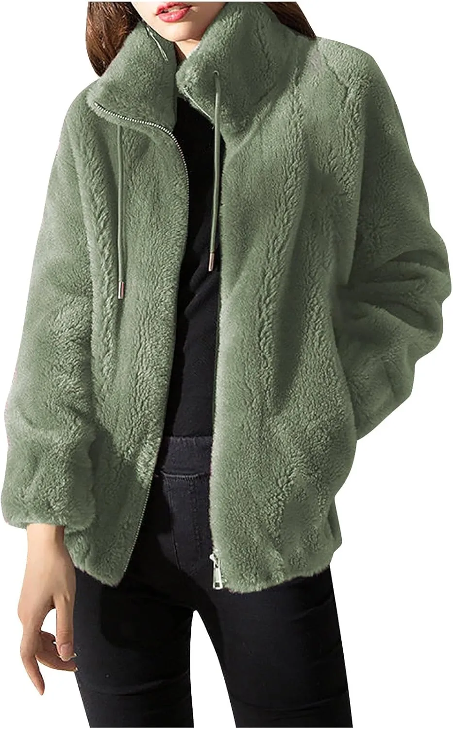 Women's Fashion Plush Coats Winter Warm Cardigan Coat Standing Collar Zip Up Fleece Tops Sweater Jacket