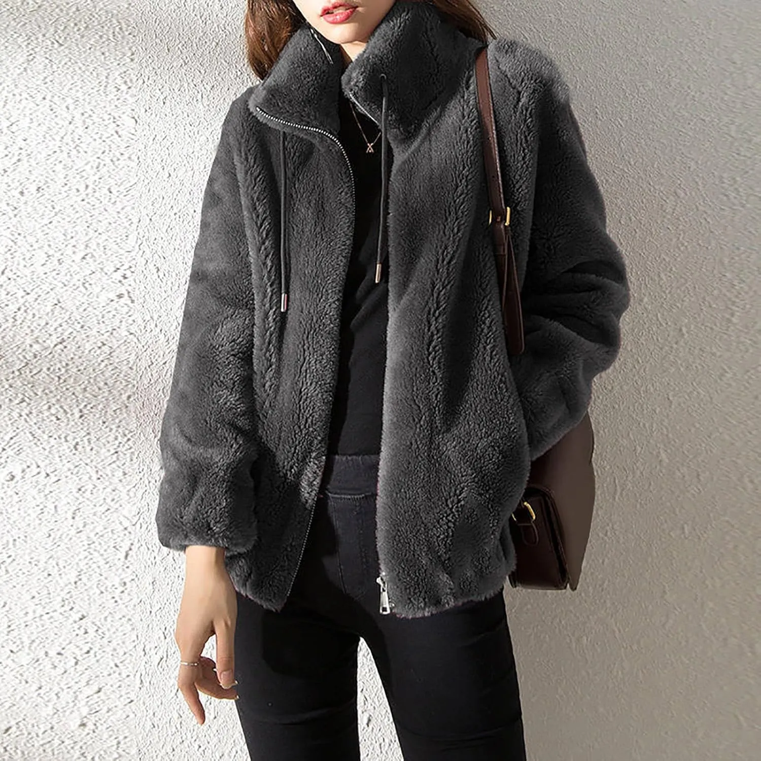Women's Fashion Plush Coats Winter Warm Cardigan Coat Standing Collar Zip Up Fleece Tops Sweater Jacket