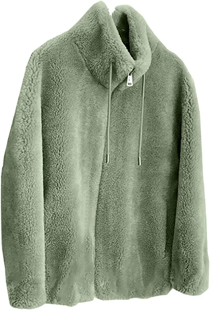 Women's Fashion Plush Coats Winter Warm Cardigan Coat Standing Collar Zip Up Fleece Tops Sweater Jacket
