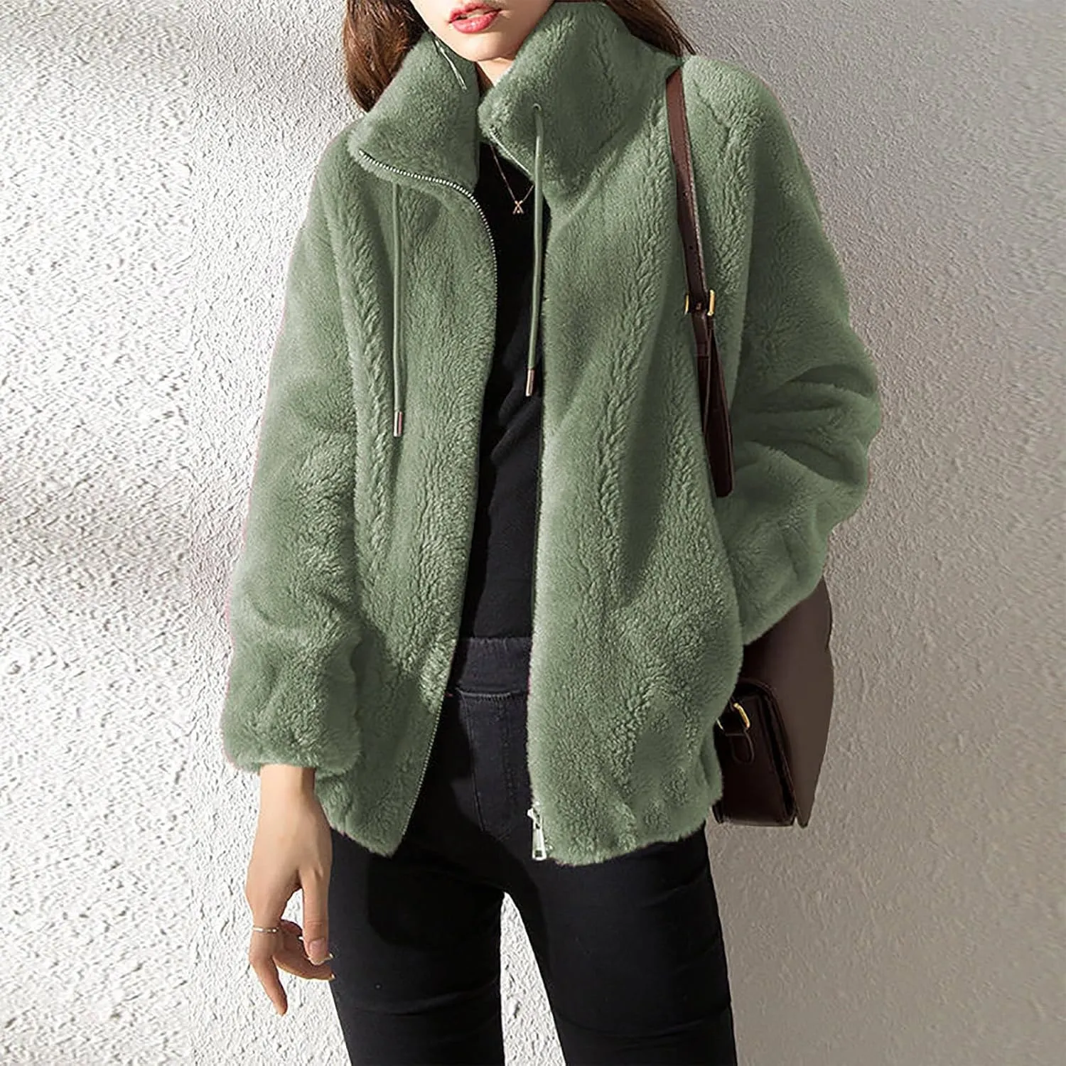 Women's Fashion Plush Coats Winter Warm Cardigan Coat Standing Collar Zip Up Fleece Tops Sweater Jacket