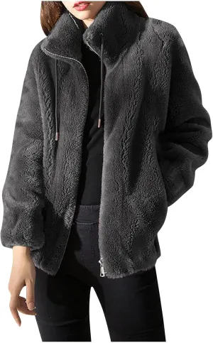 Women's Fashion Plush Coats Winter Warm Cardigan Coat Standing Collar Zip Up Fleece Tops Sweater Jacket