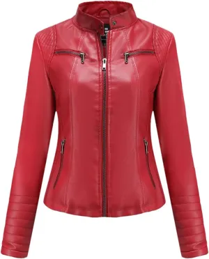 Women's Faux Leather Moto Biker Jacket With Zipper Spring Autumn Black Red Coffee Motorcycle Jacket