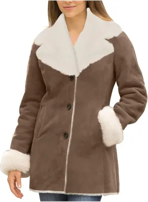 Womens Fleece Lined Jackets 2024 Winter Suede Coats Thickened Warm Sherpa Coats Notch Lapel Outerwear with Pockets