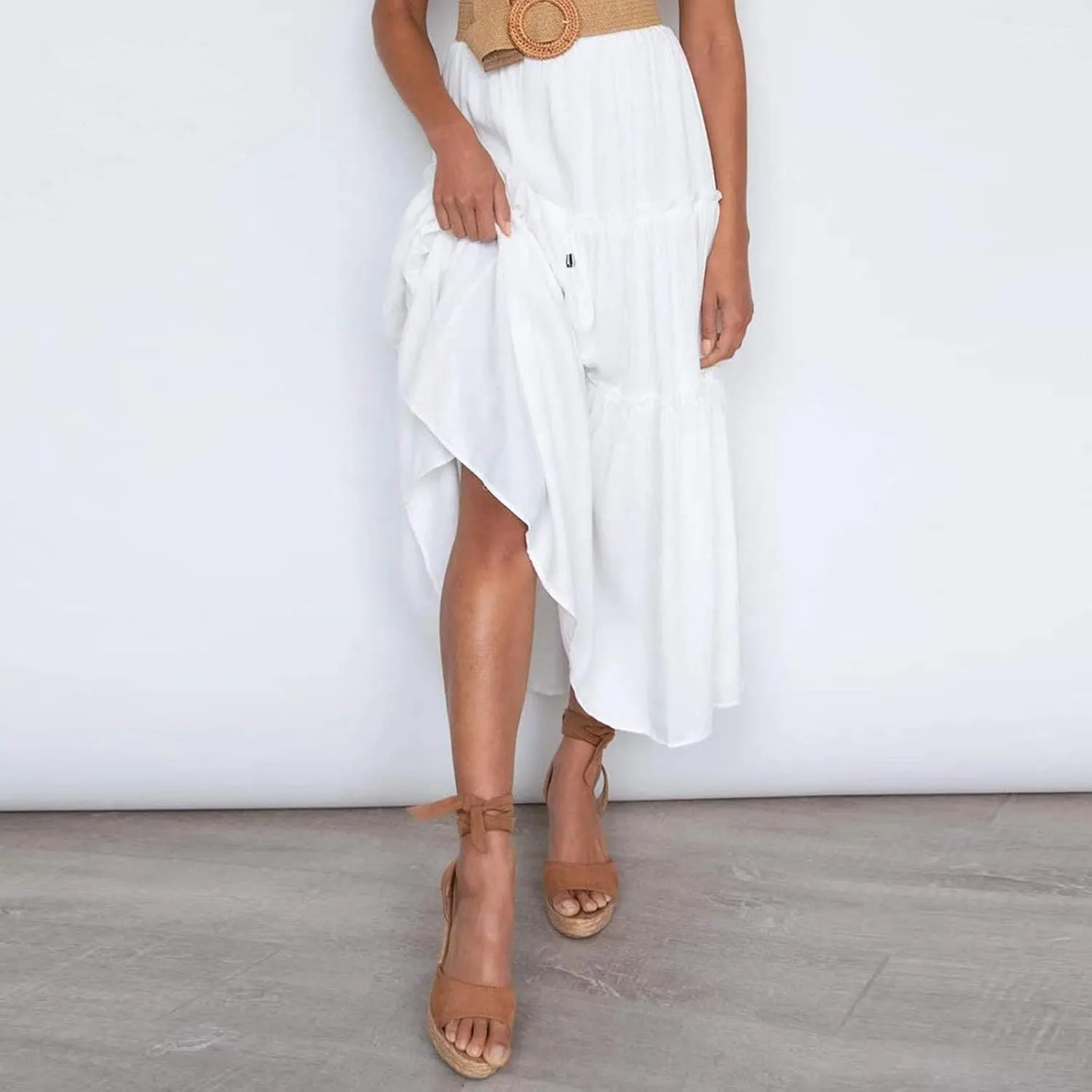 Women's Flowy Boho Maxi Skirt A Line High Waist Skirts Casual Pleated Tiered Long Skirts Summer Beach Vacation Skirt