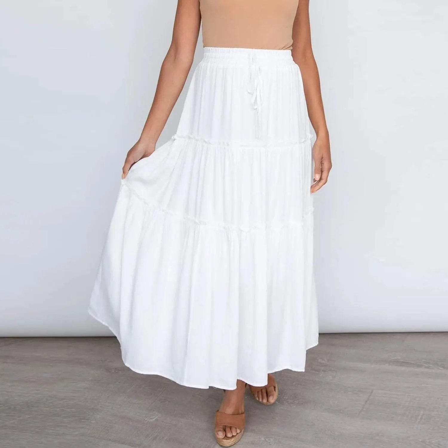 Women's Flowy Boho Maxi Skirt A Line High Waist Skirts Casual Pleated Tiered Long Skirts Summer Beach Vacation Skirt