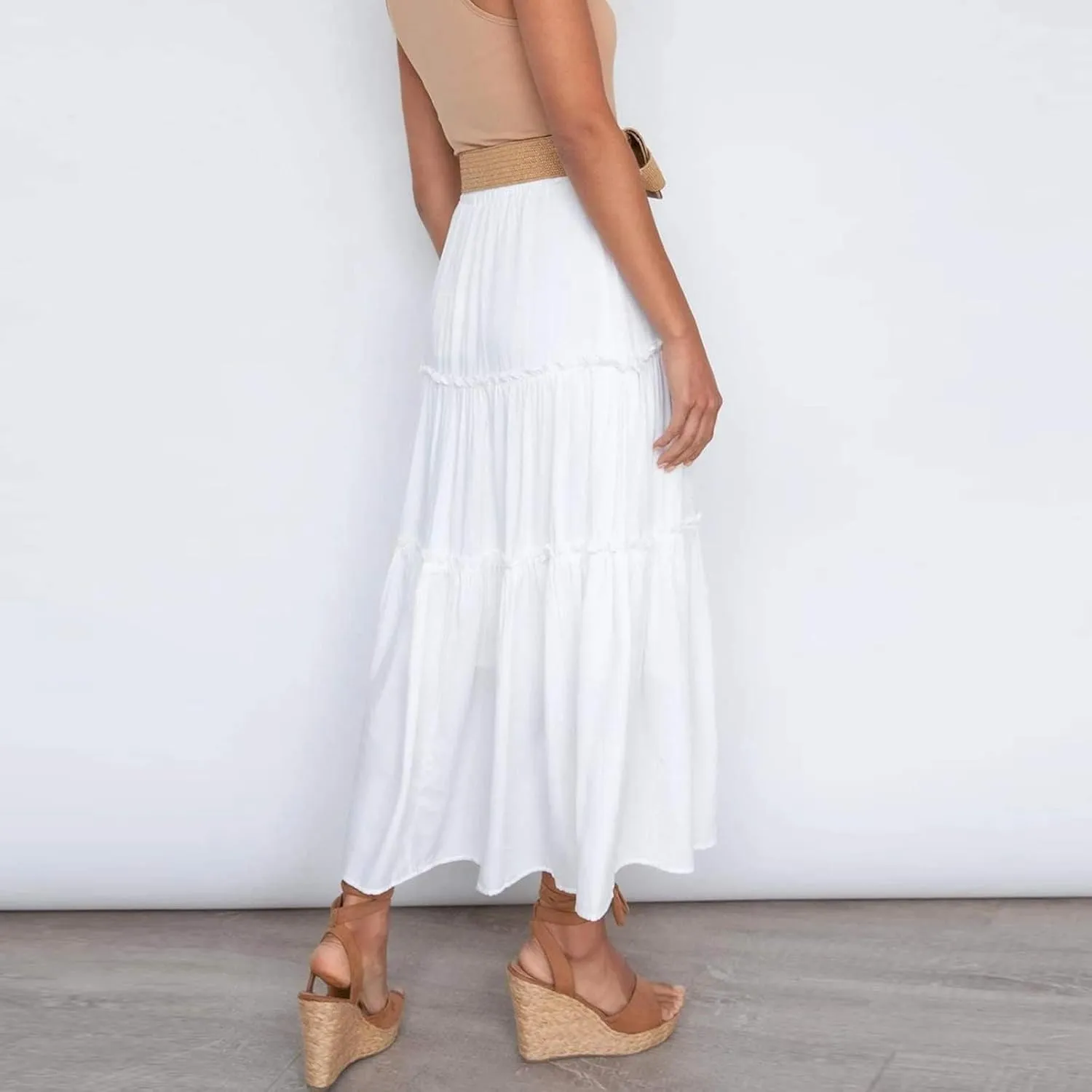 Women's Flowy Boho Maxi Skirt A Line High Waist Skirts Casual Pleated Tiered Long Skirts Summer Beach Vacation Skirt