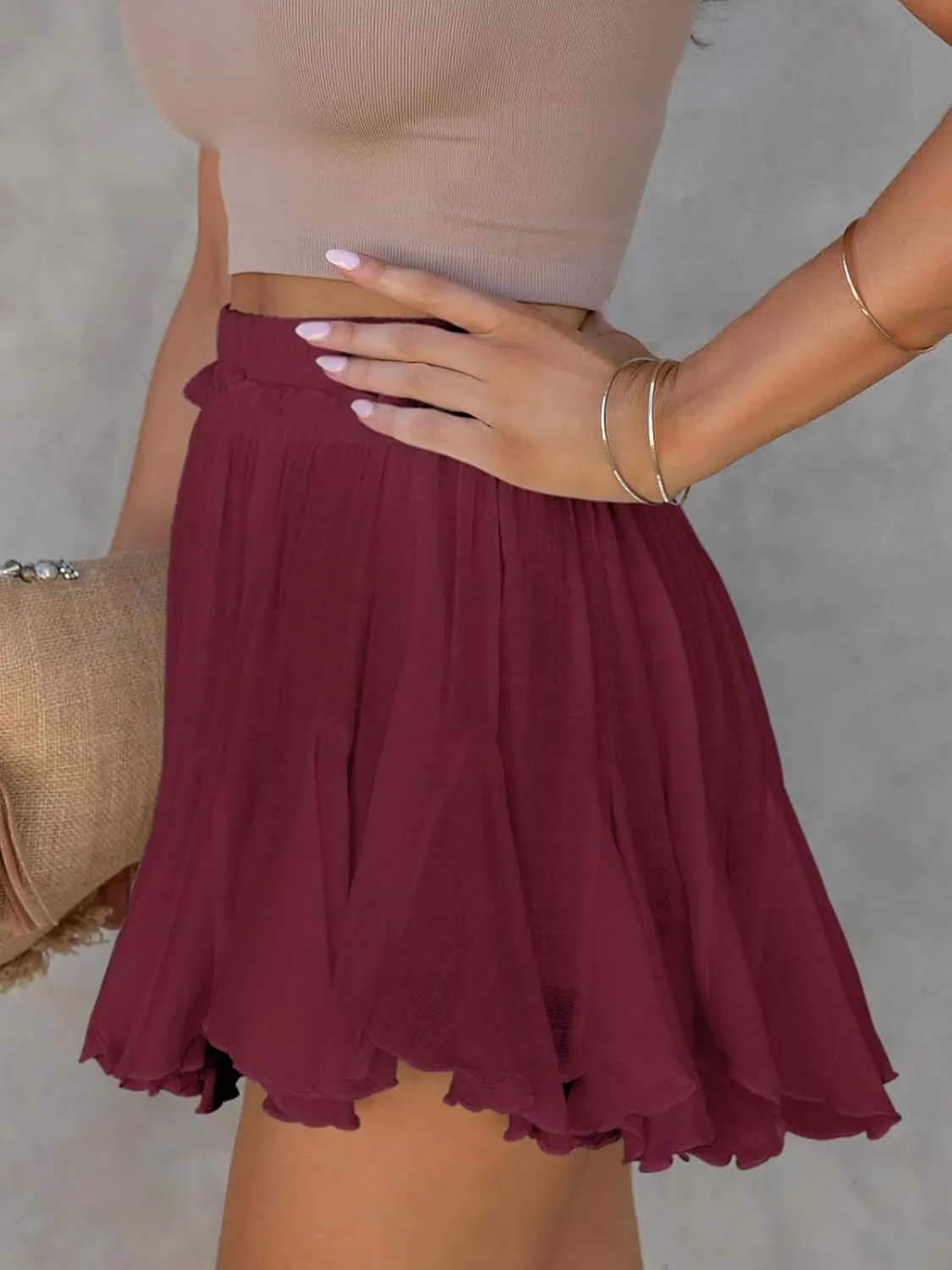 Women's Flowy Shorts Casual Linen Boho Ruffle Mini Skirts Pleated High Waist Cute Butterfly Skorts with Pockets Summer Trendy