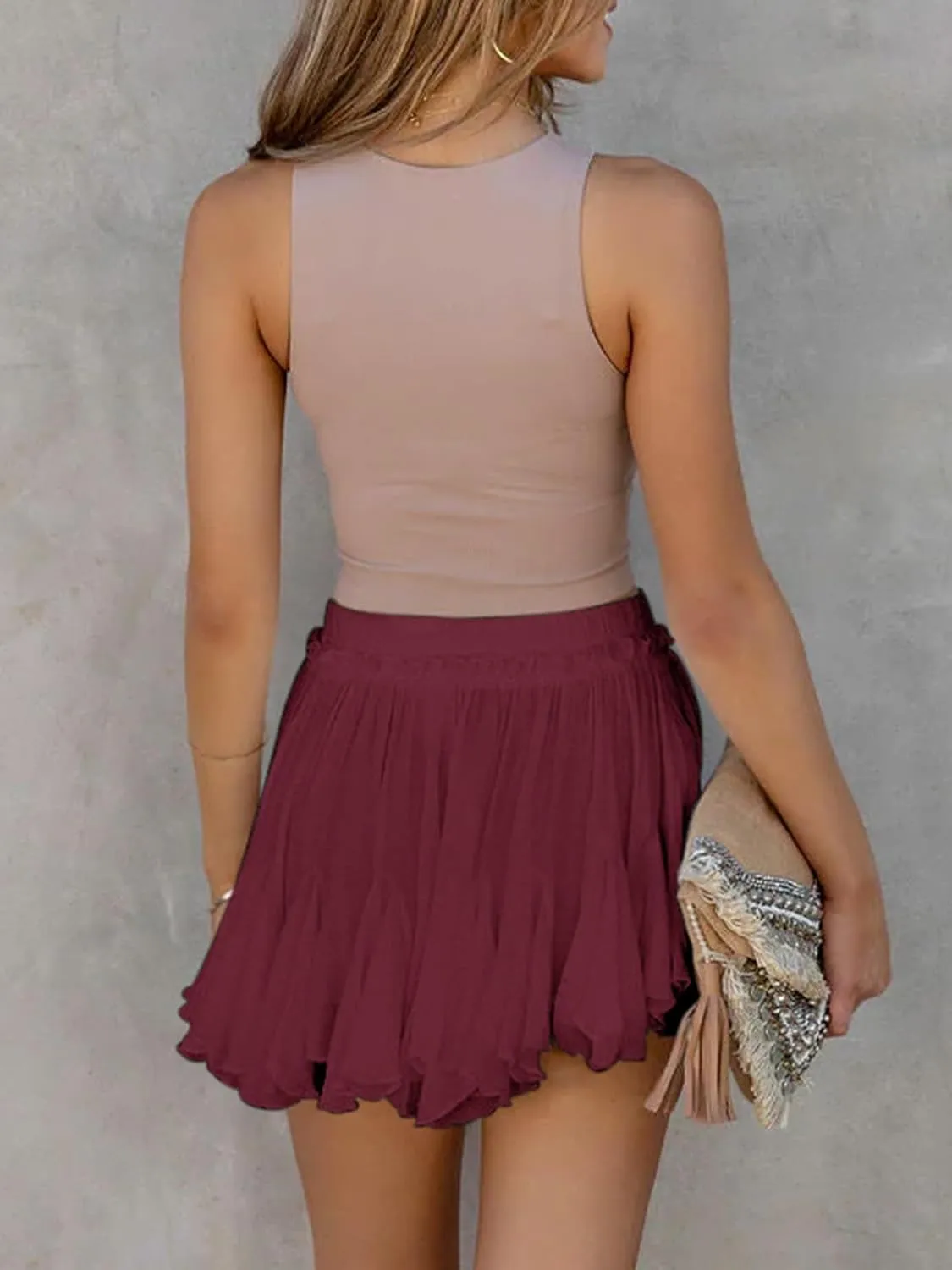 Women's Flowy Shorts Casual Linen Boho Ruffle Mini Skirts Pleated High Waist Cute Butterfly Skorts with Pockets Summer Trendy