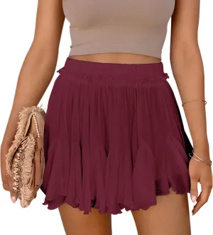 Women's Flowy Shorts Casual Linen Boho Ruffle Mini Skirts Pleated High Waist Cute Butterfly Skorts with Pockets Summer Trendy