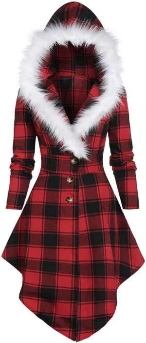 Womens Furry Hooded Jackets Plaid Printed Plush Button Asymmetric Long Tops Cloak Button Gothic Coats