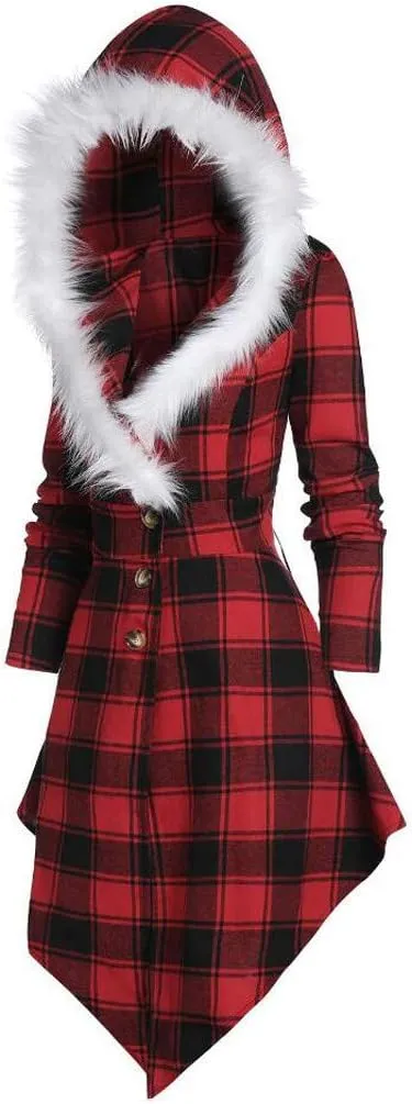 Womens Furry Hooded Jackets Plaid Printed Plush Button Asymmetric Long Tops Cloak Button Gothic Coats