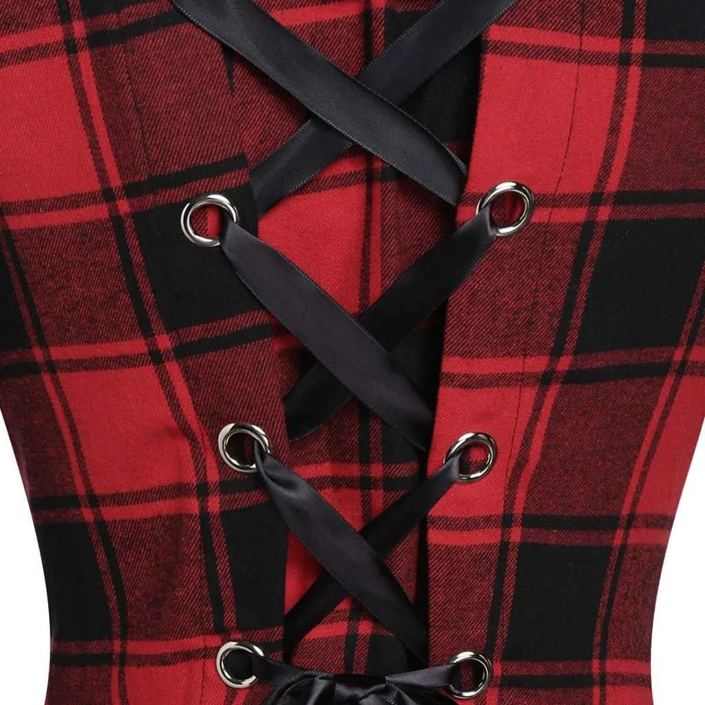 Womens Furry Hooded Jackets Plaid Printed Plush Button Asymmetric Long Tops Cloak Button Gothic Coats