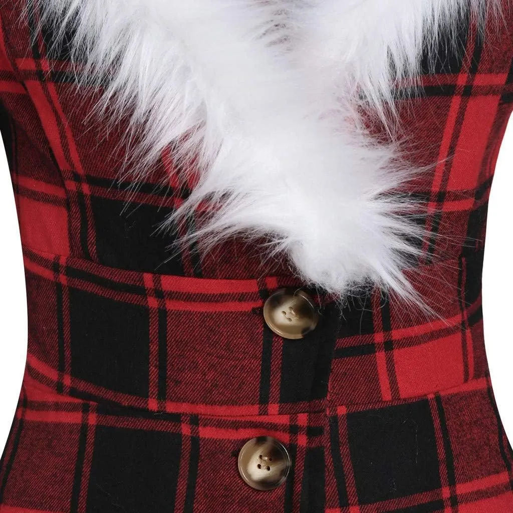 Womens Furry Hooded Jackets Plaid Printed Plush Button Asymmetric Long Tops Cloak Button Gothic Coats
