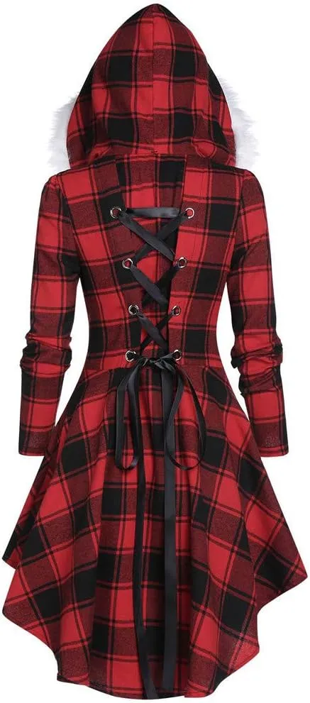 Womens Furry Hooded Jackets Plaid Printed Plush Button Asymmetric Long Tops Cloak Button Gothic Coats