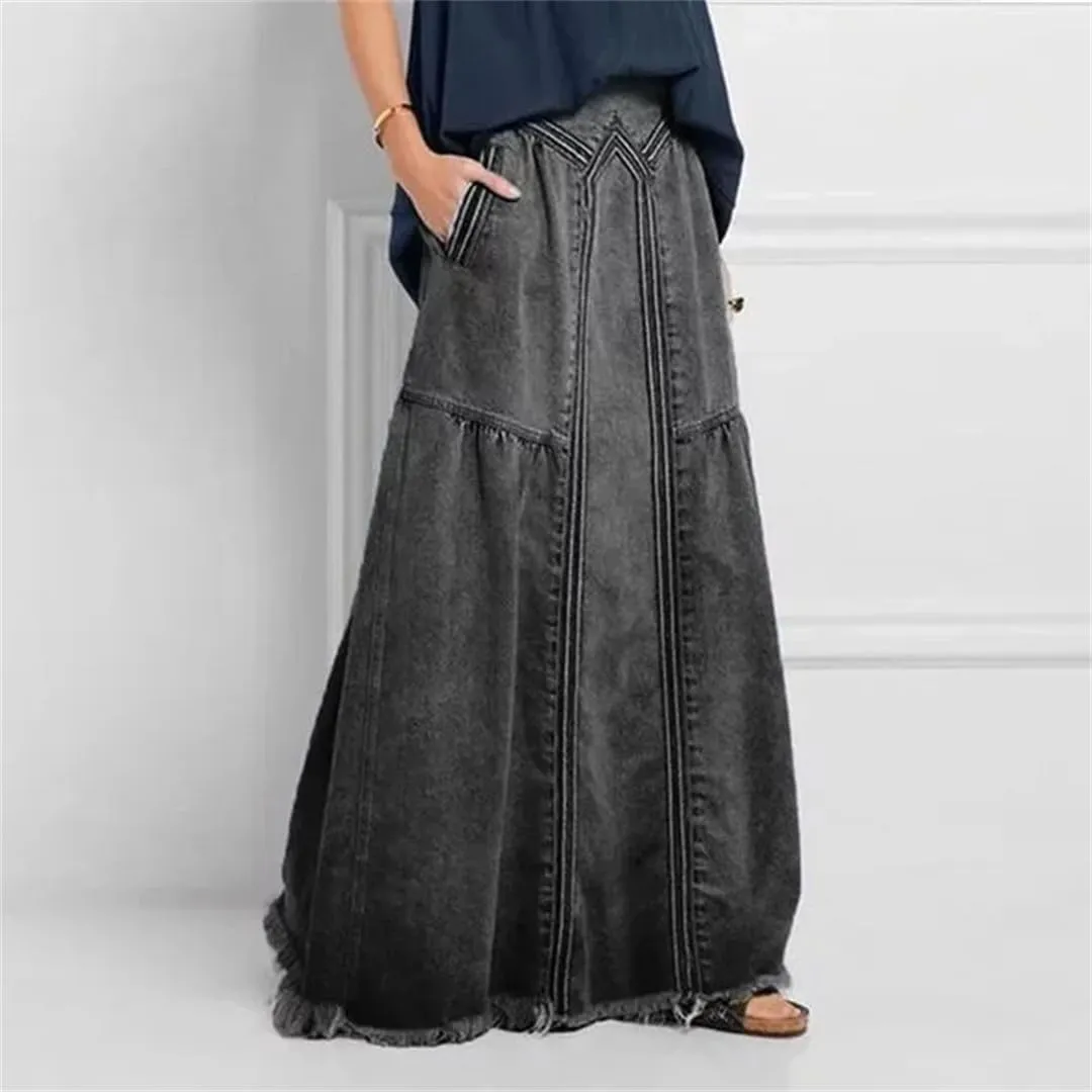 Women's High Full Length Skirts Loose Fit Vintage Bottoms Boho Denim High Waist Frayed Maxi Skirts
