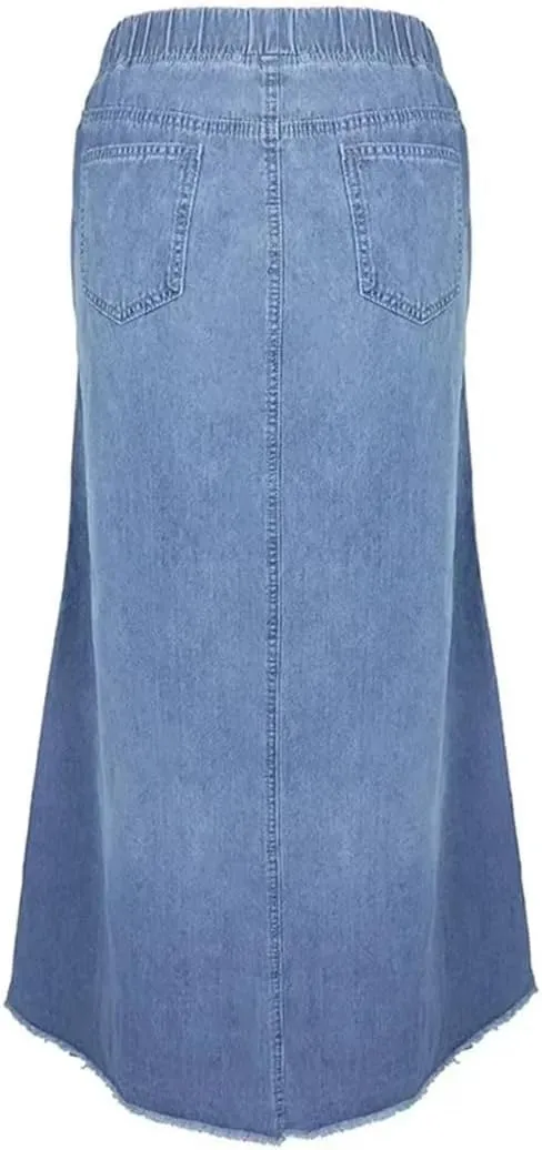Women's High Full Length Skirts Loose Fit Vintage Bottoms Boho Denim High Waist Frayed Maxi Skirts