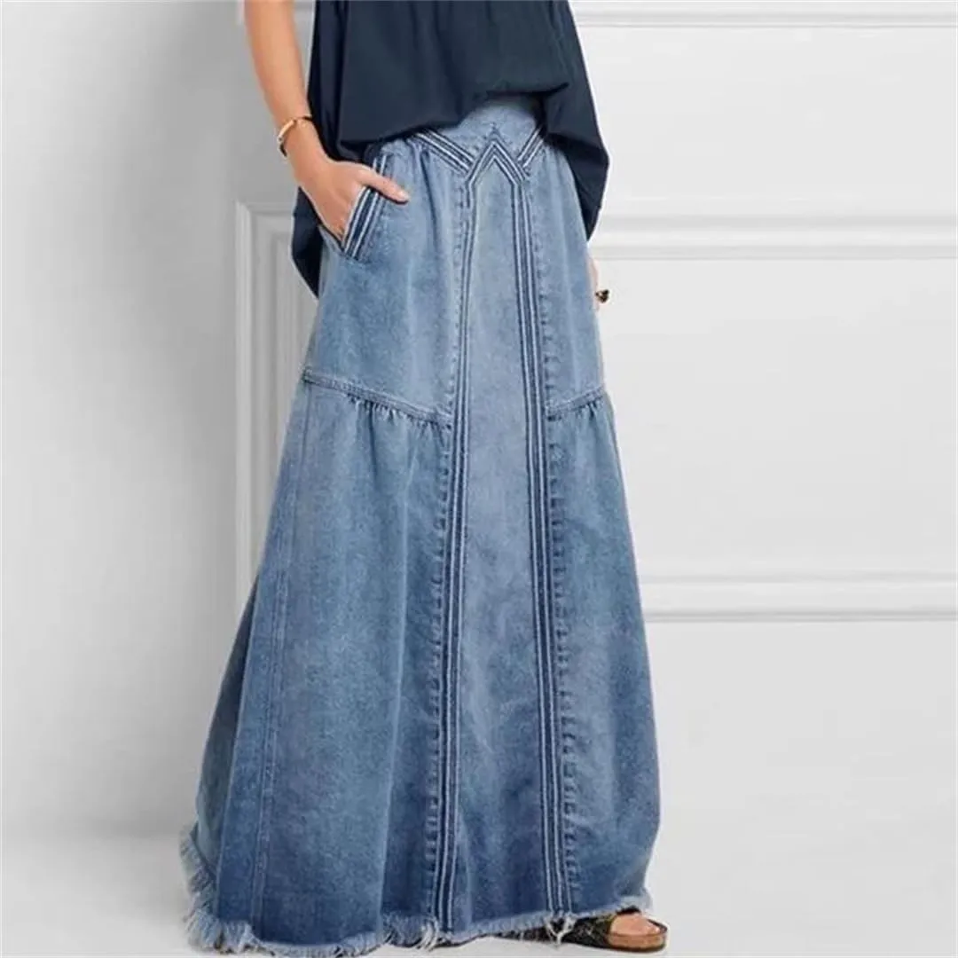 Women's High Full Length Skirts Loose Fit Vintage Bottoms Boho Denim High Waist Frayed Maxi Skirts