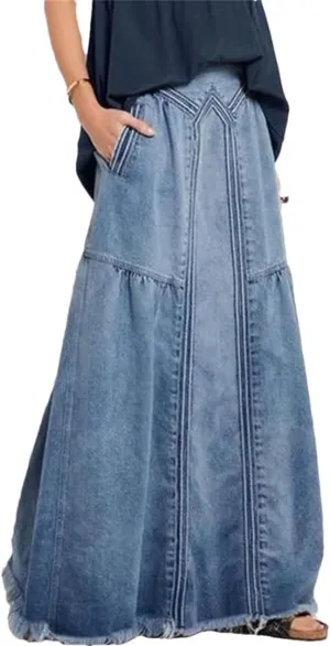 Women's High Full Length Skirts Loose Fit Vintage Bottoms Boho Denim High Waist Frayed Maxi Skirts