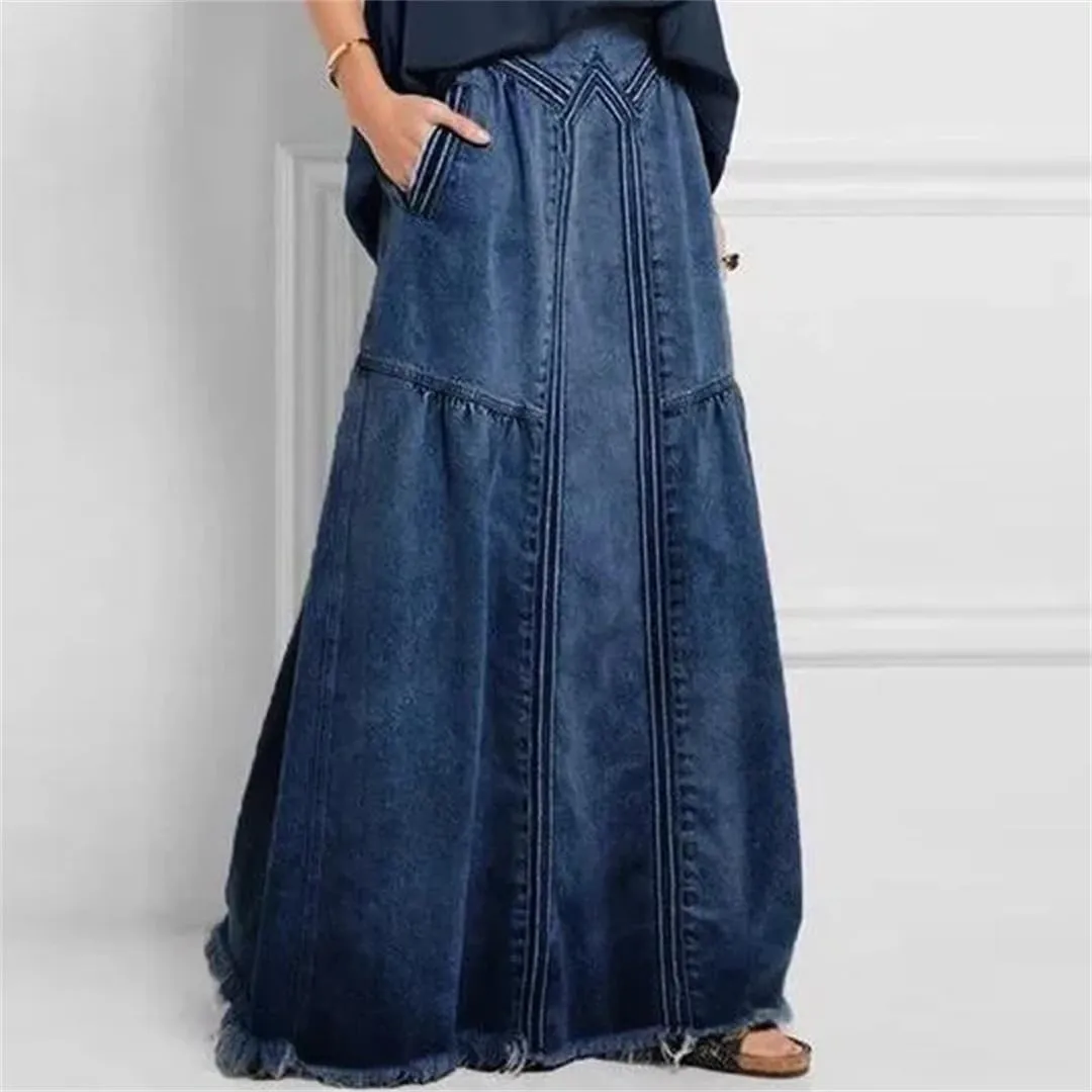 Women's High Full Length Skirts Loose Fit Vintage Bottoms Boho Denim High Waist Frayed Maxi Skirts