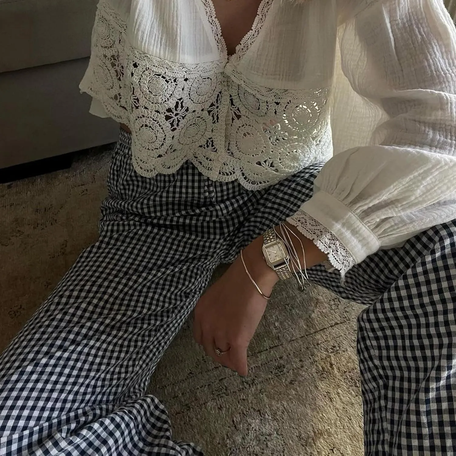 Women's High Waist Gingham Long Pants Drawstring Elastic Waist Plaid Straight Leg Trousers Y2K Pj Bottoms