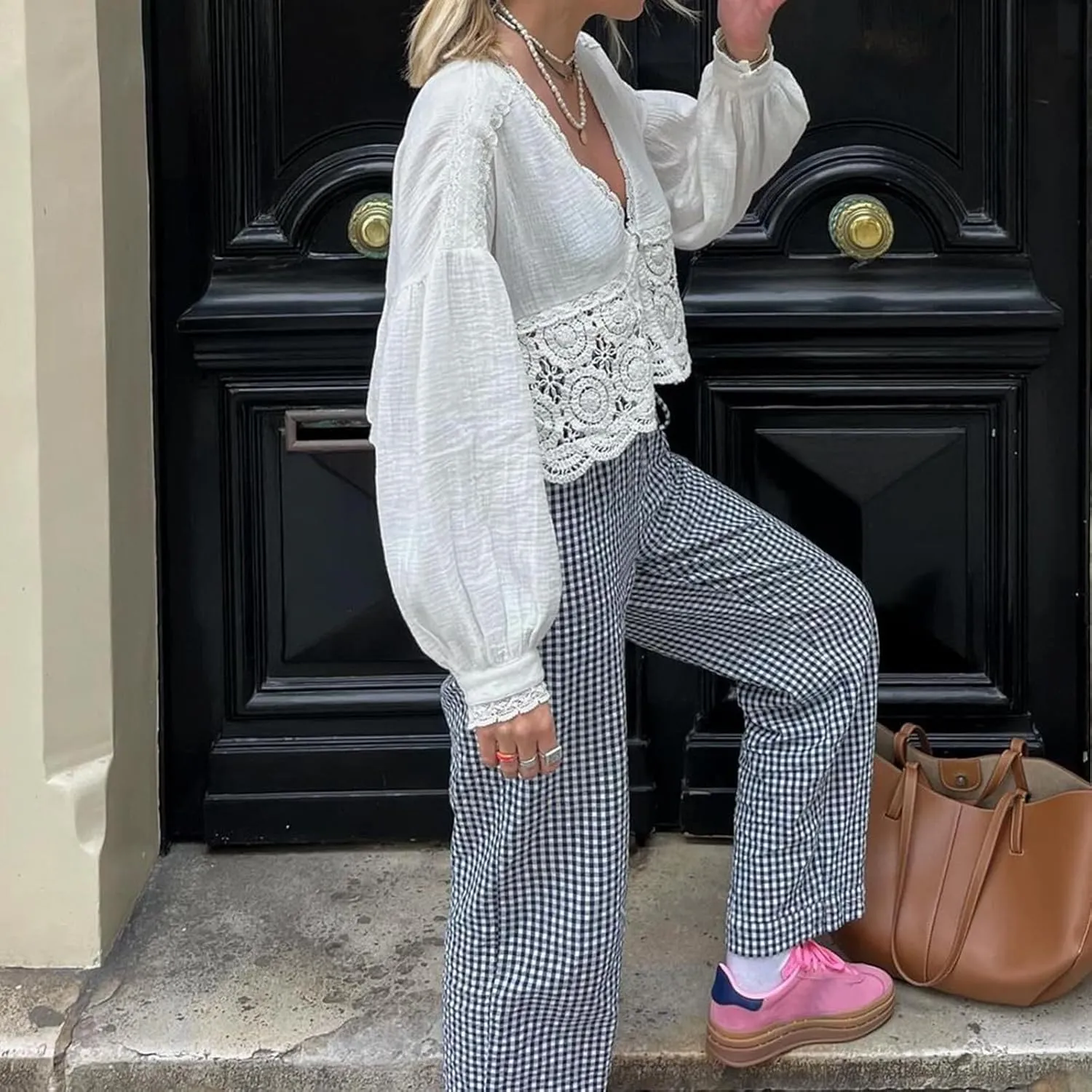 Women's High Waist Gingham Long Pants Drawstring Elastic Waist Plaid Straight Leg Trousers Y2K Pj Bottoms