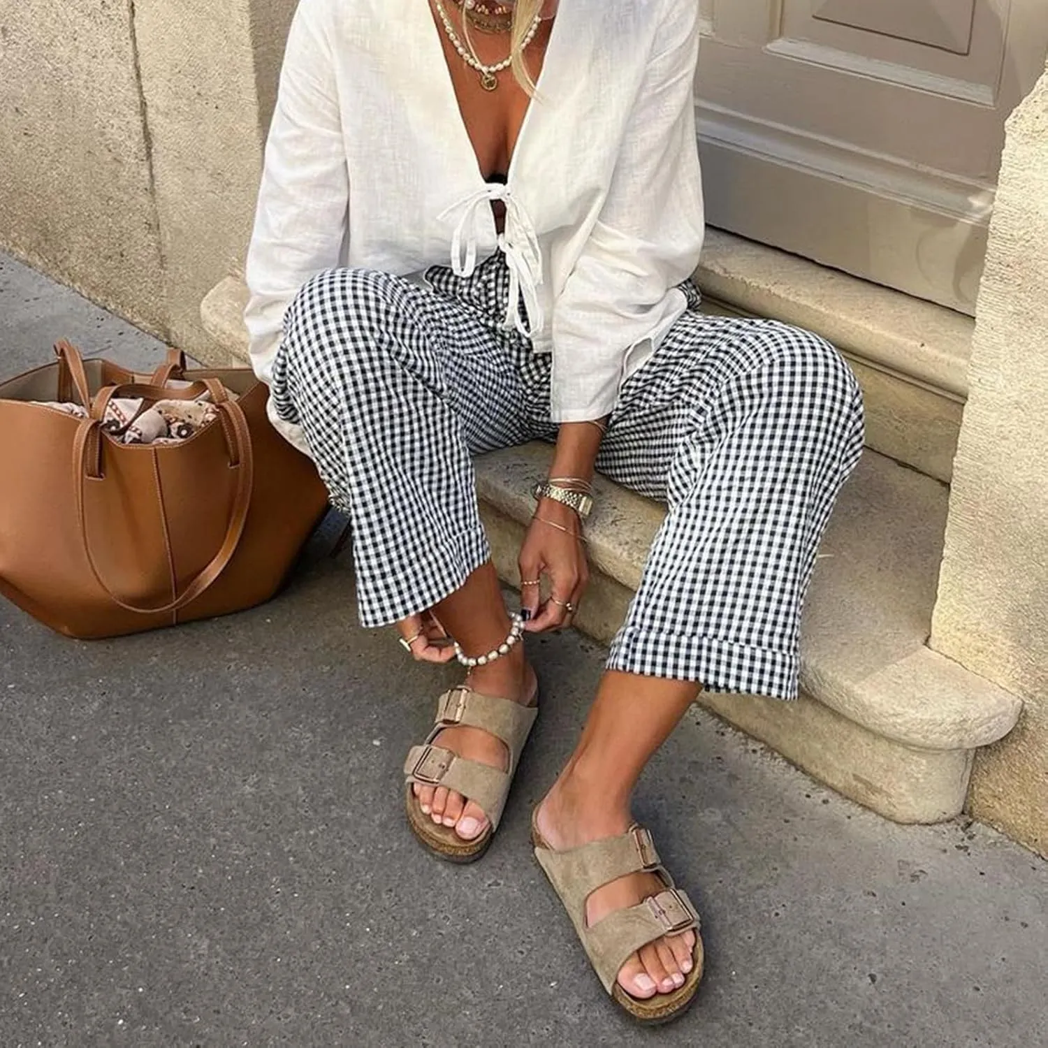 Women's High Waist Gingham Long Pants Drawstring Elastic Waist Plaid Straight Leg Trousers Y2K Pj Bottoms