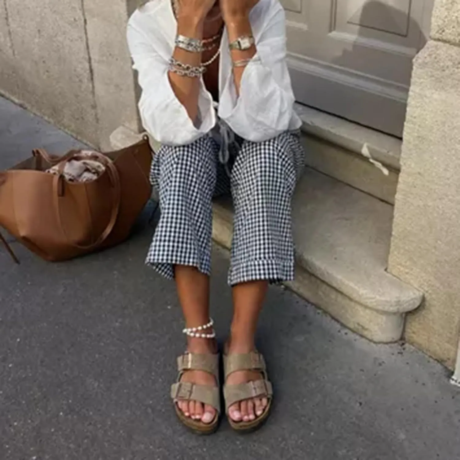 Women's High Waist Gingham Long Pants Drawstring Elastic Waist Plaid Straight Leg Trousers Y2K Pj Bottoms