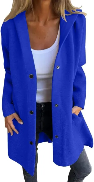 Womens Jackets Casual Single Breasted Hooded Jacket Lapel Neck Long Sleeve Solid Cardigans Trench Coat for Women 2024