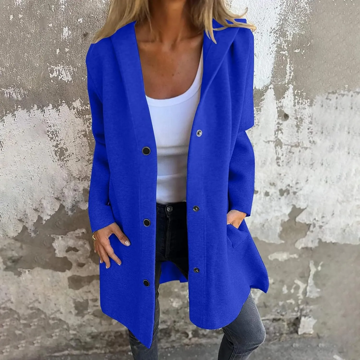 Womens Jackets Casual Single Breasted Hooded Jacket Lapel Neck Long Sleeve Solid Cardigans Trench Coat for Women 2024