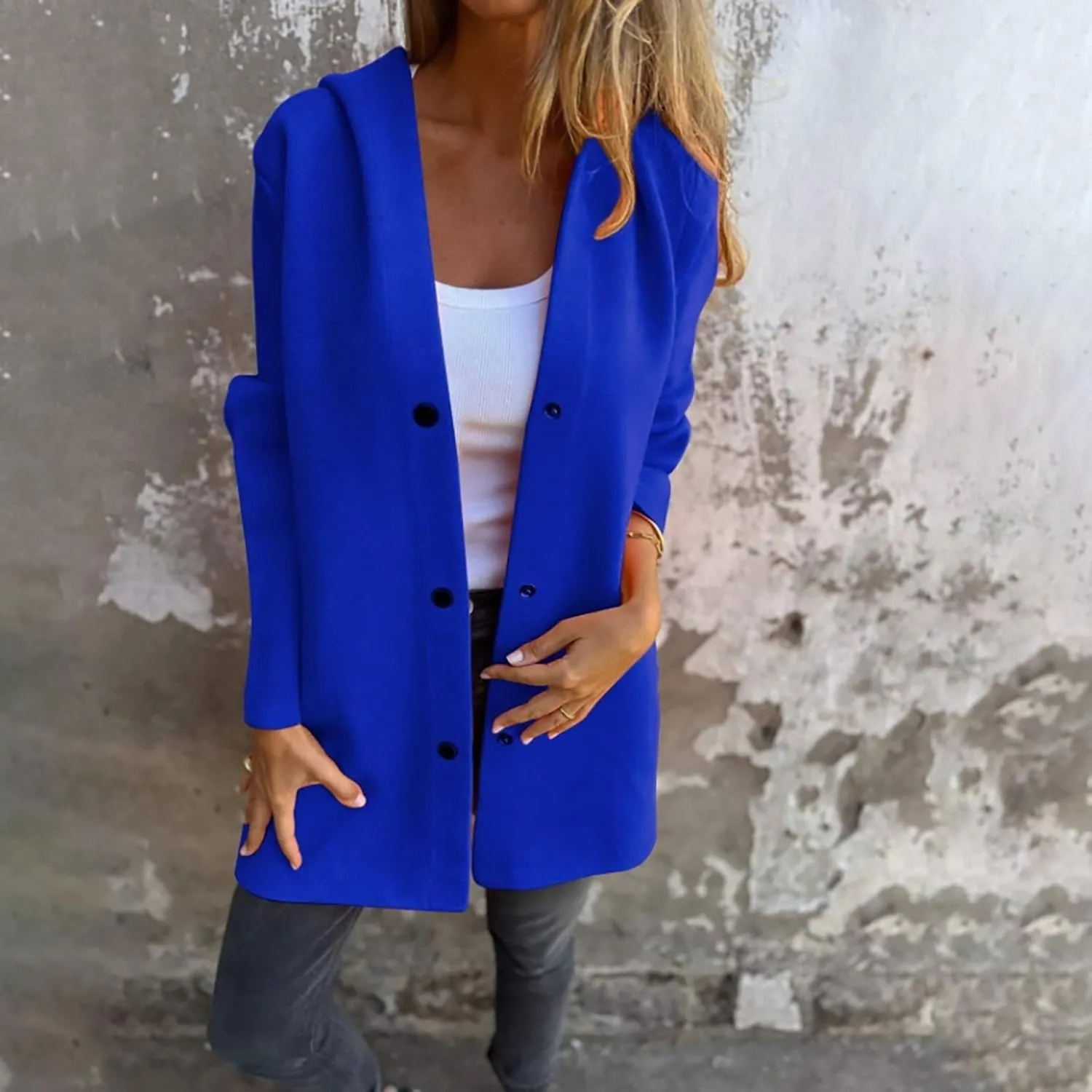 Womens Jackets Casual Single Breasted Hooded Jacket Lapel Neck Long Sleeve Solid Cardigans Trench Coat for Women 2024