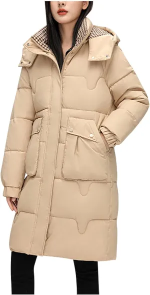 Women's Lightweight Puffer Down Jacket Thickened Winter Warm Stand Collar Long Hooded Coat Quilted Parkas with Pocket