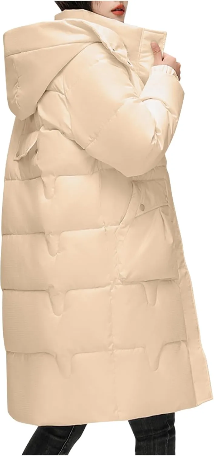 Women's Lightweight Puffer Down Jacket Thickened Winter Warm Stand Collar Long Hooded Coat Quilted Parkas with Pocket