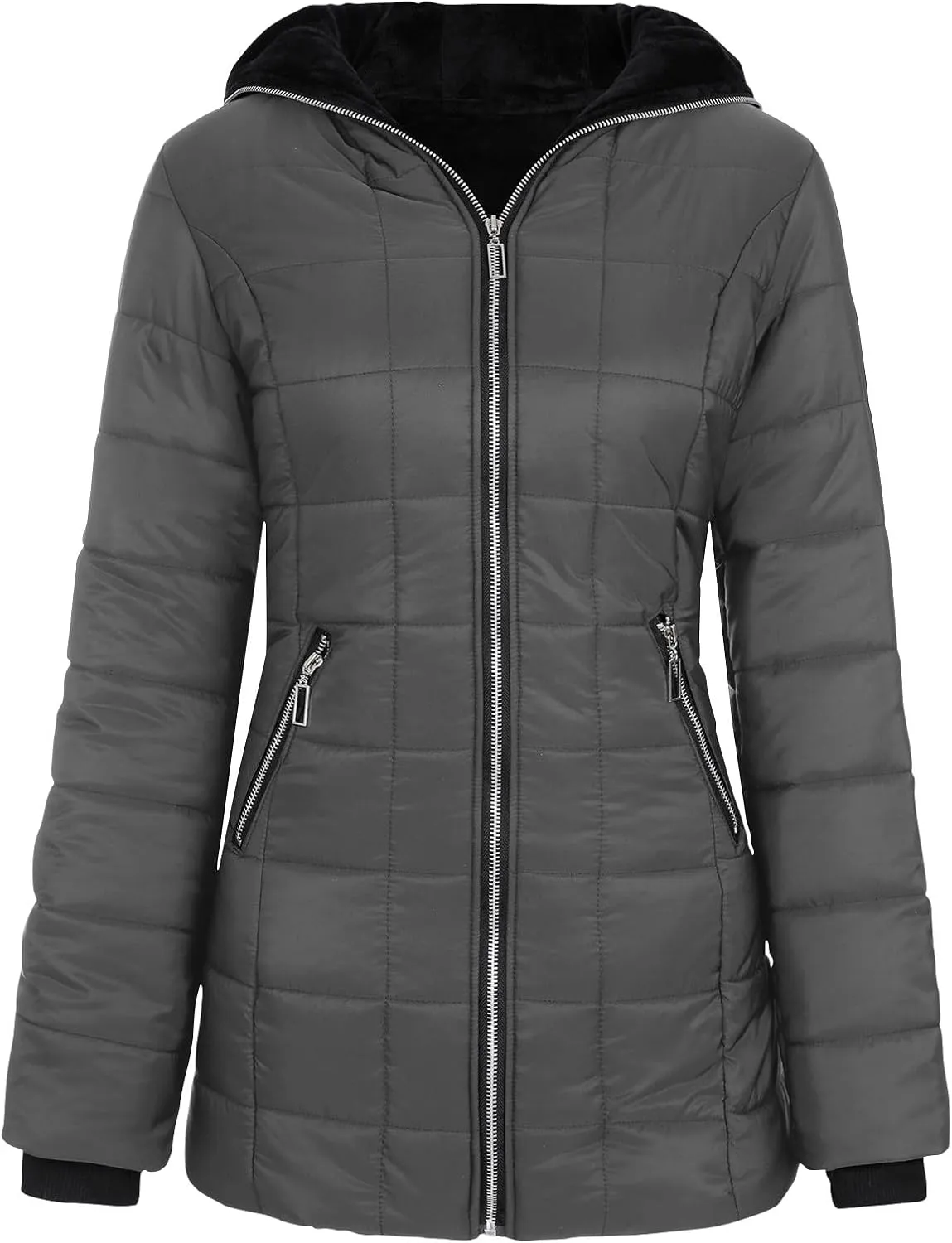 Womens Lightweight Puffer Jacket Winter Coats Warm Quilted Bubble Padded Coat Faux Fur Hooded Coatigan Outerwear