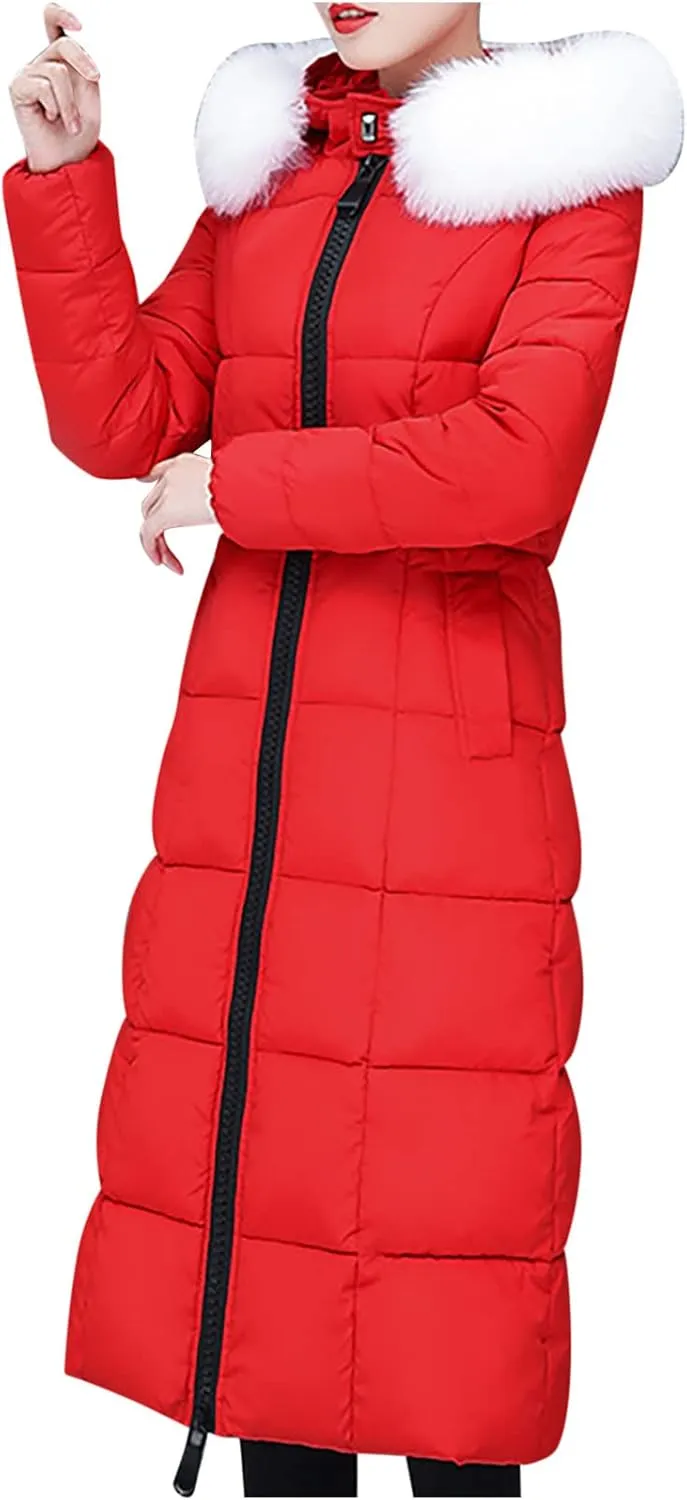 Women's Long Down Coat Winter Maxi Puffer Jacket with Fur Collar Thickened Parka Long Maxi Outdoor Overcoat Outwear