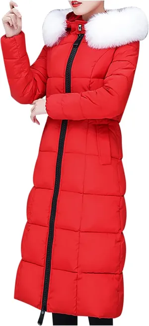 Women's Long Down Coat Winter Maxi Puffer Jacket with Fur Collar Thickened Parka Long Maxi Outdoor Overcoat Outwear