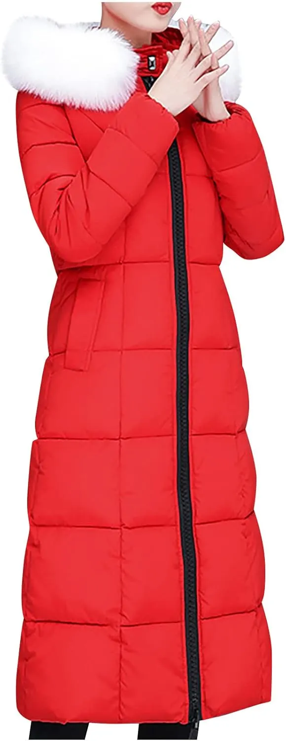 Women's Long Down Coat Winter Maxi Puffer Jacket with Fur Collar Thickened Parka Long Maxi Outdoor Overcoat Outwear