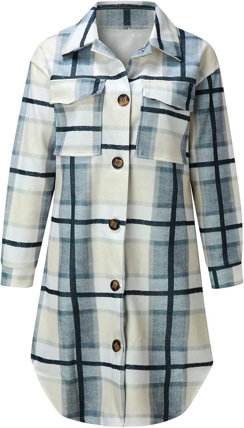Women's Long Plaid Outerwear Flannel Wool Blend Jacket Lapel Button Down Overcoats Oversized Casual Coats