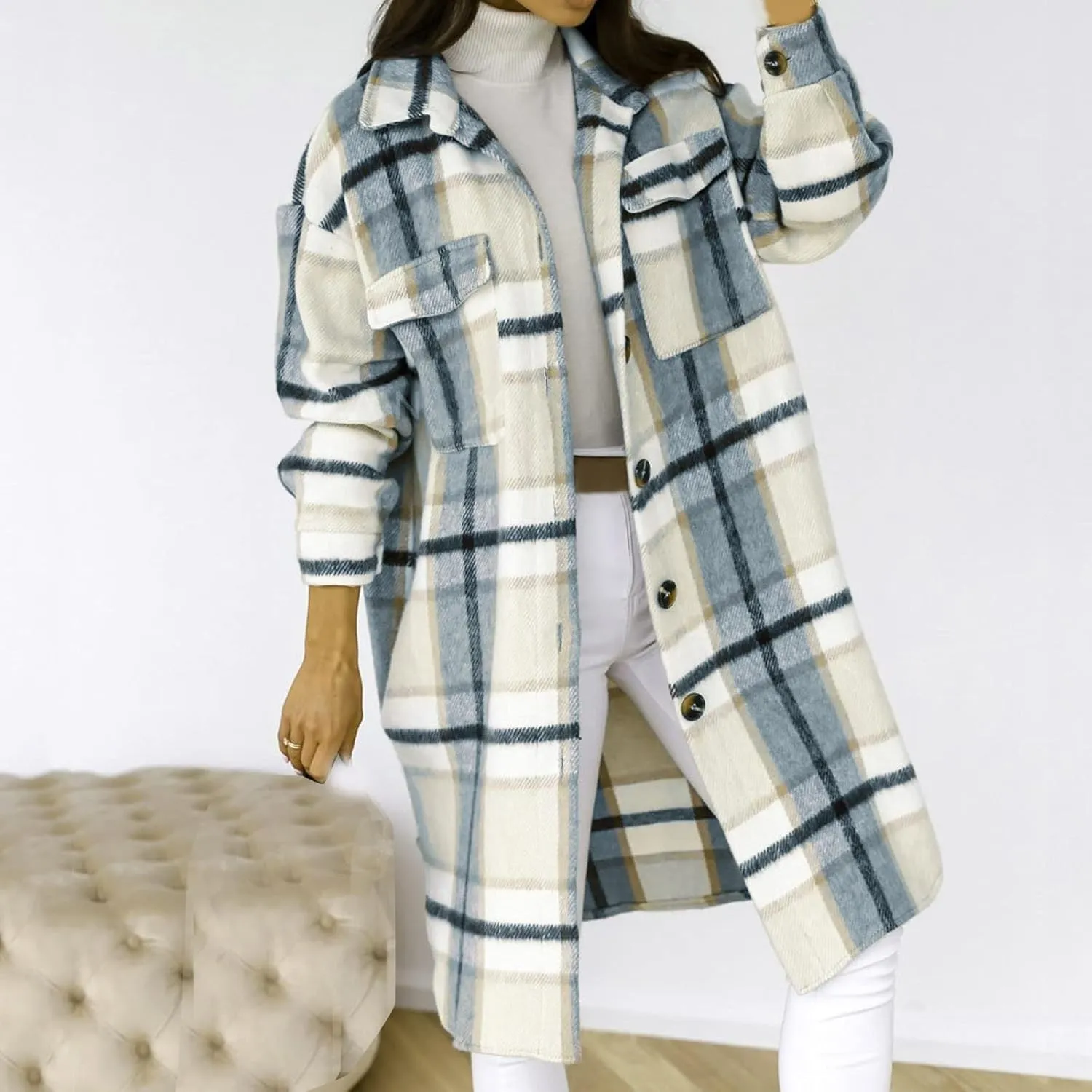 Women's Long Plaid Outerwear Flannel Wool Blend Jacket Lapel Button Down Overcoats Oversized Casual Coats