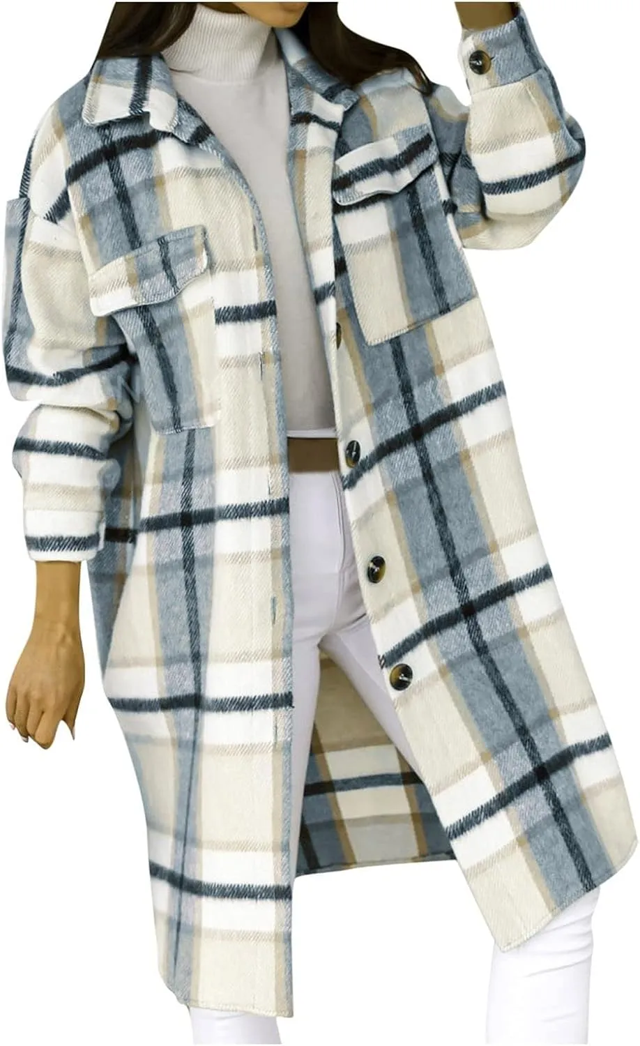 Women's Long Plaid Outerwear Flannel Wool Blend Jacket Lapel Button Down Overcoats Oversized Casual Coats