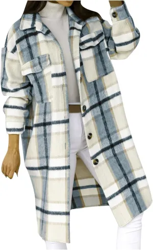 Women's Long Plaid Outerwear Flannel Wool Blend Jacket Lapel Button Down Overcoats Oversized Casual Coats