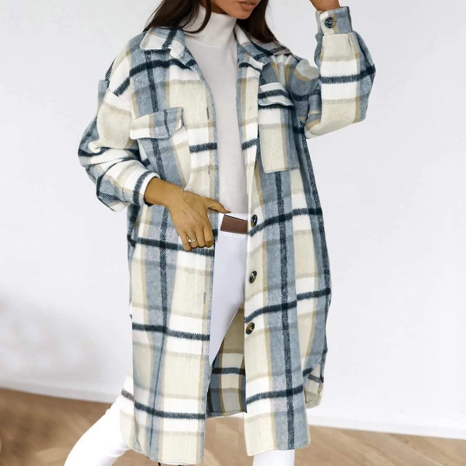 Women's Long Plaid Outerwear Flannel Wool Blend Jacket Lapel Button Down Overcoats Oversized Casual Coats