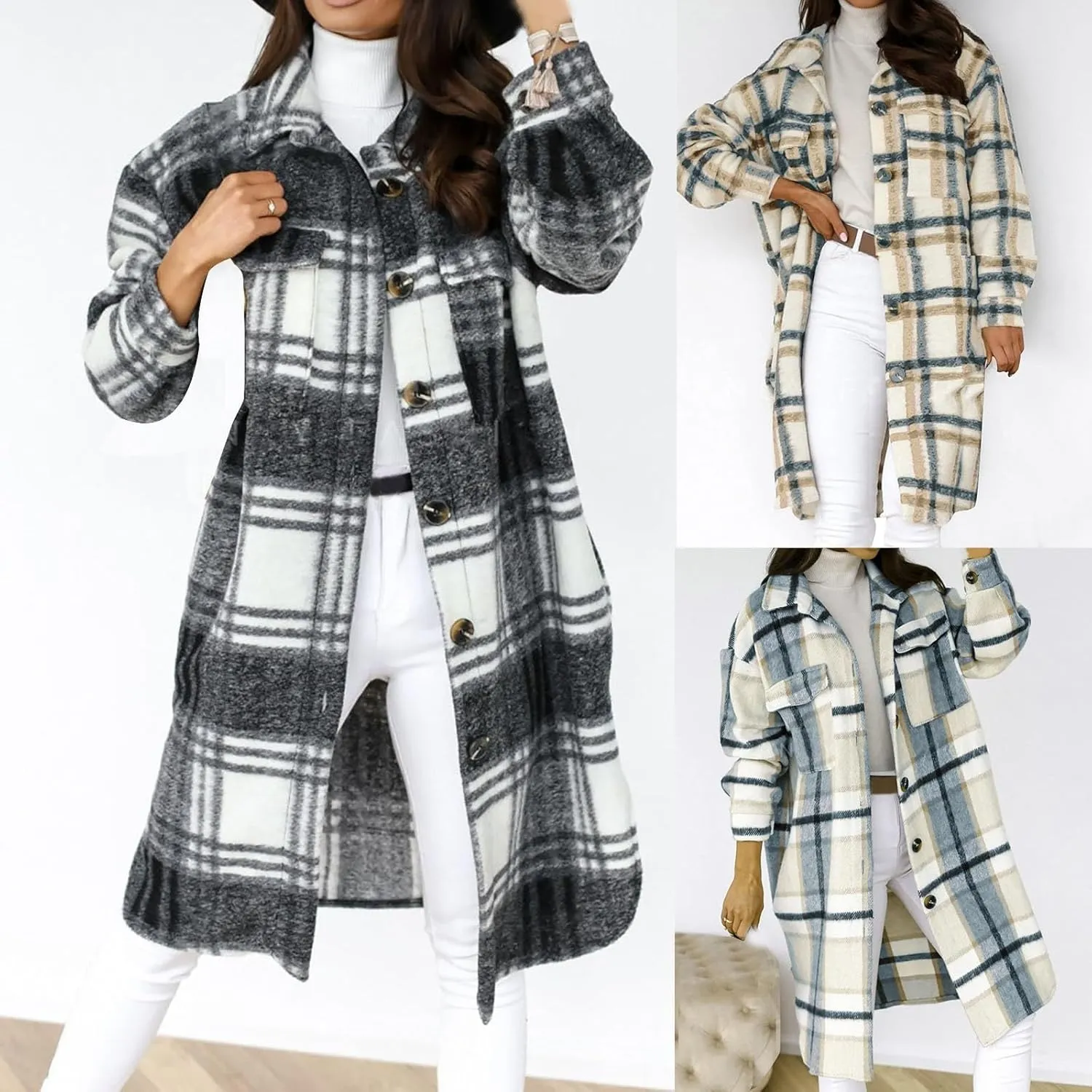 Women's Long Plaid Outerwear Flannel Wool Blend Jacket Lapel Button Down Overcoats Oversized Casual Coats