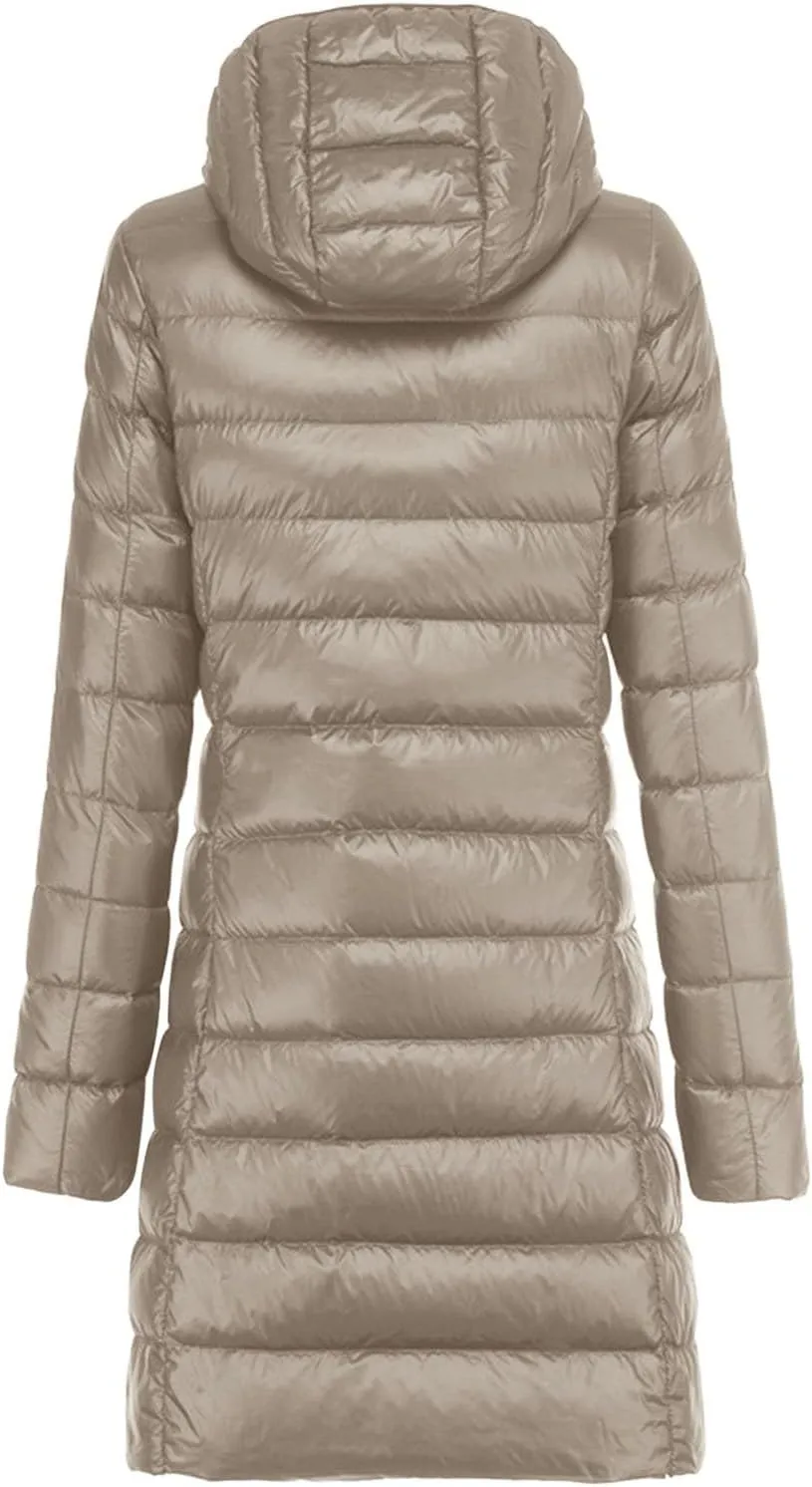 Women's Long Puffer Jacket Winter Warm Packable Down Jacket Lightweight Slim Fit Hooded Jacket Duck Down Coat