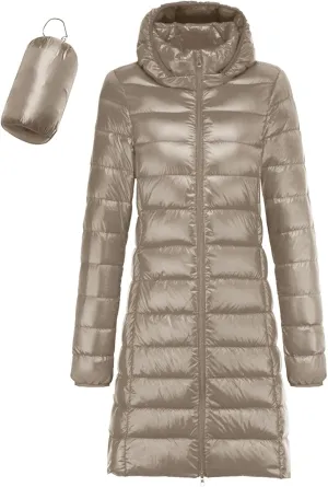 Women's Long Puffer Jacket Winter Warm Packable Down Jacket Lightweight Slim Fit Hooded Jacket Duck Down Coat