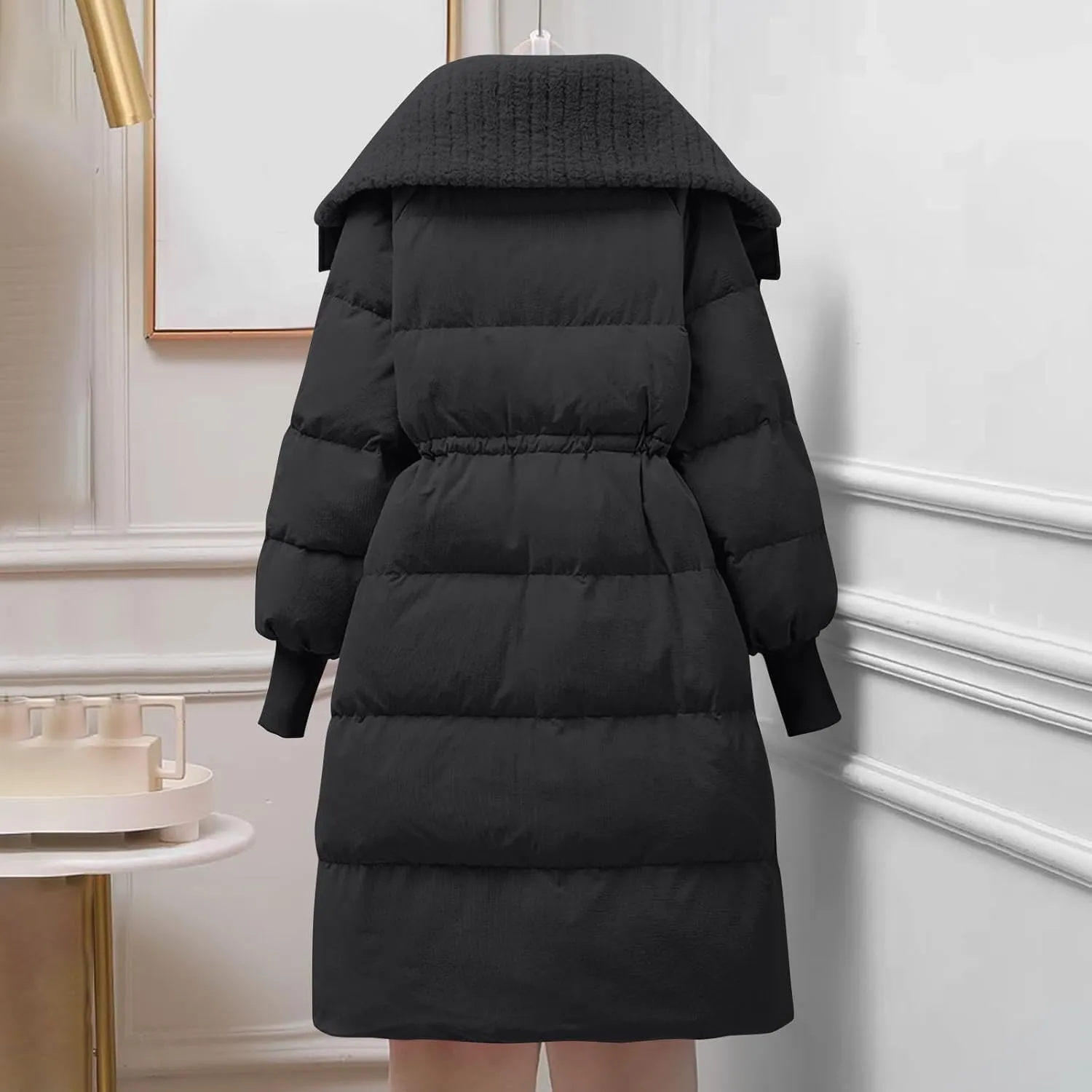 Womens Long Puffer Quilted Jackets Long Sleeve Lapel Thicken Warm Winter Coats Down Jackets Padded Coat Outerwear