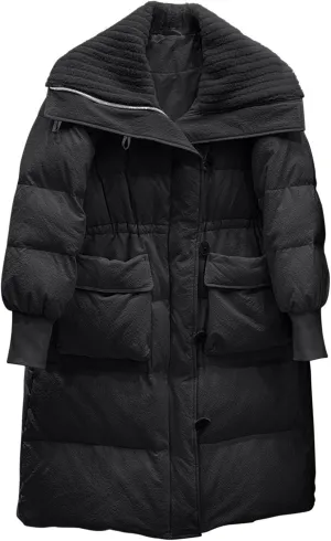Womens Long Puffer Quilted Jackets Long Sleeve Lapel Thicken Warm Winter Coats Down Jackets Padded Coat Outerwear