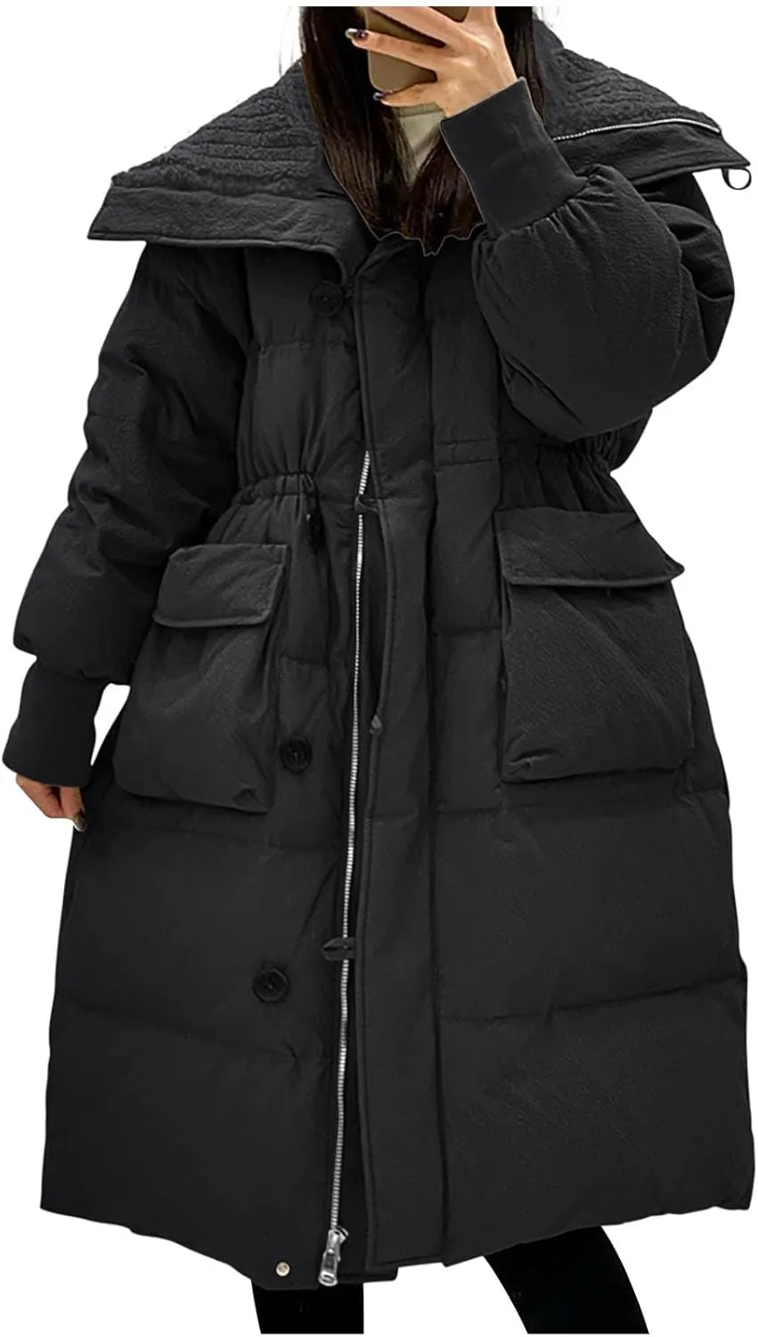 Womens Long Puffer Quilted Jackets Long Sleeve Lapel Thicken Warm Winter Coats Down Jackets Padded Coat Outerwear
