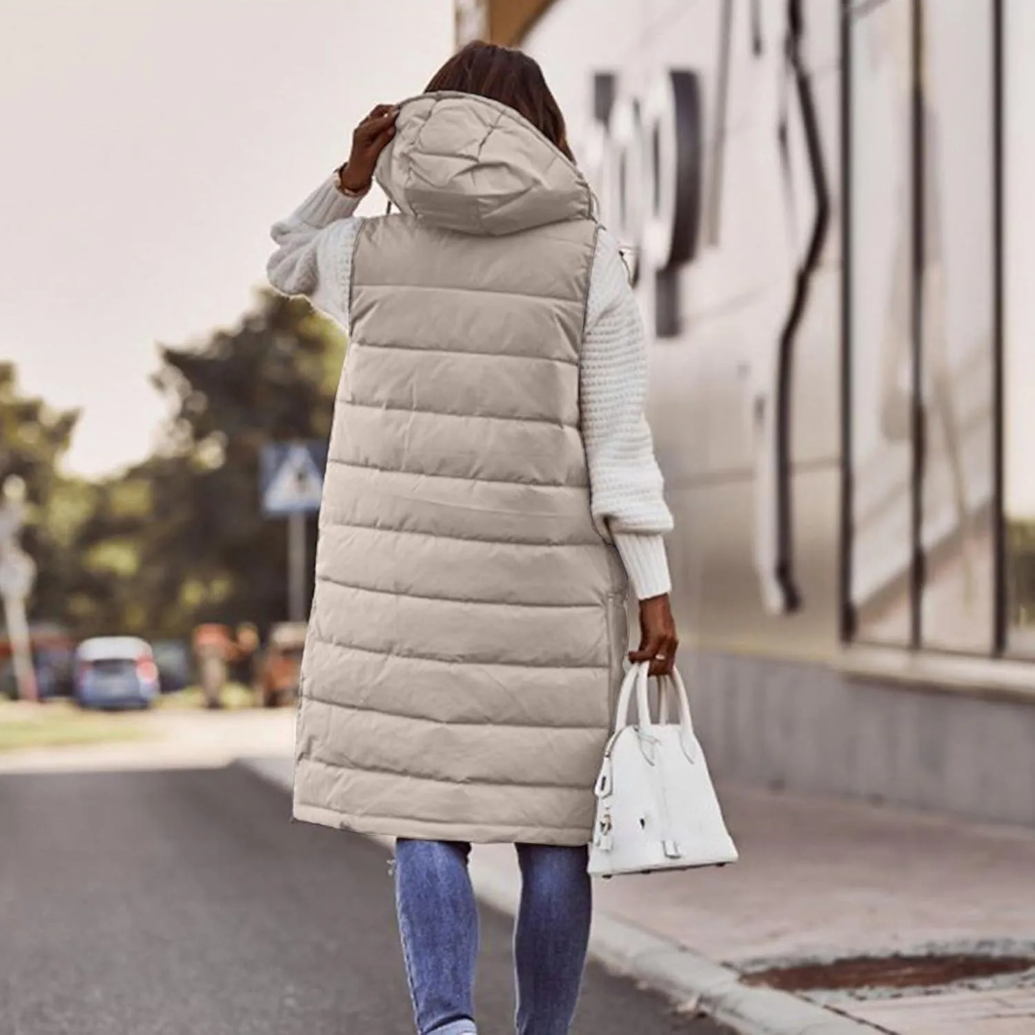 Womens Long Puffer Vest Winter Casual Sleeveless Full Zip Hooded Puffer Jacket Packable Lightweight Quilted Jacket Down Coats
