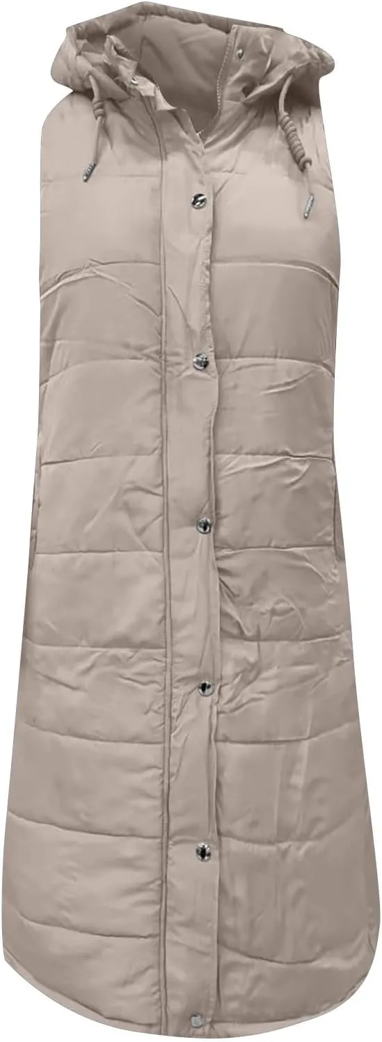 Womens Long Puffer Vest Winter Casual Sleeveless Full Zip Hooded Puffer Jacket Packable Lightweight Quilted Jacket Down Coats